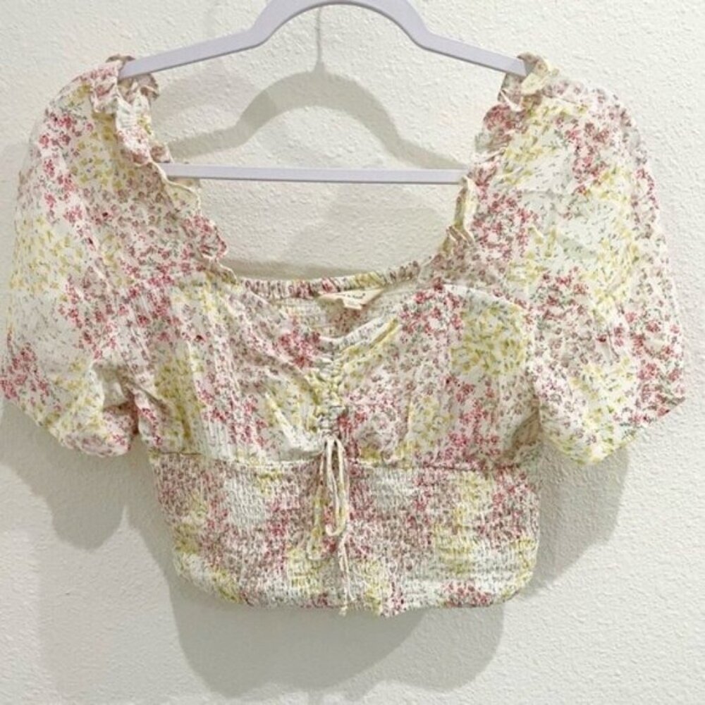 Sim & Sam Boho Cottagecore Floral Top Ruched Feminine Ruffle Romantic Crop Top